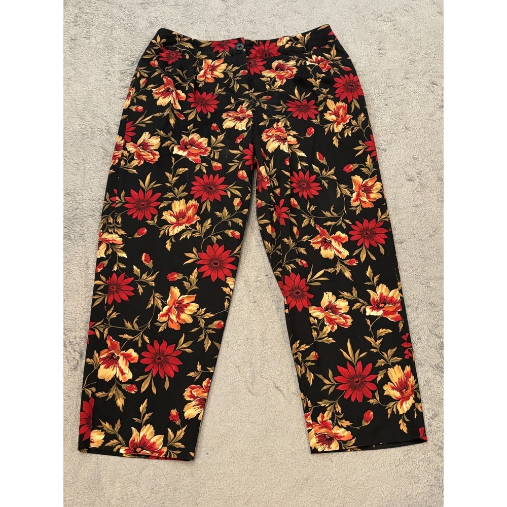 Talbots Pants Womens 14W Black Floral Chino Ankle Casual Career Office